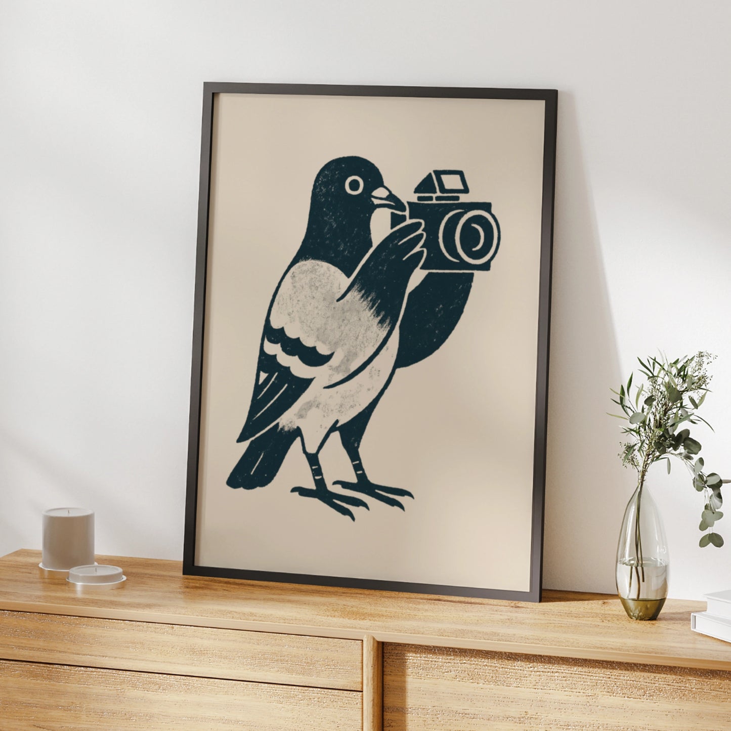 Pigeon camera poster in textured navy linework on a warm cream background