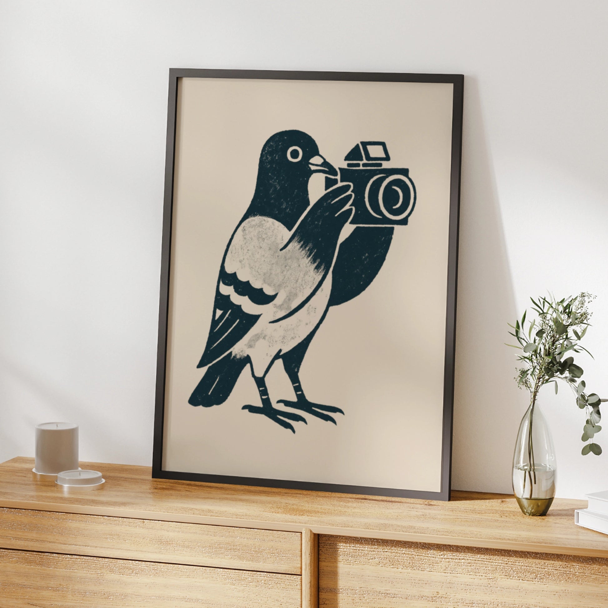 Pigeon camera poster in textured navy linework on a warm cream background