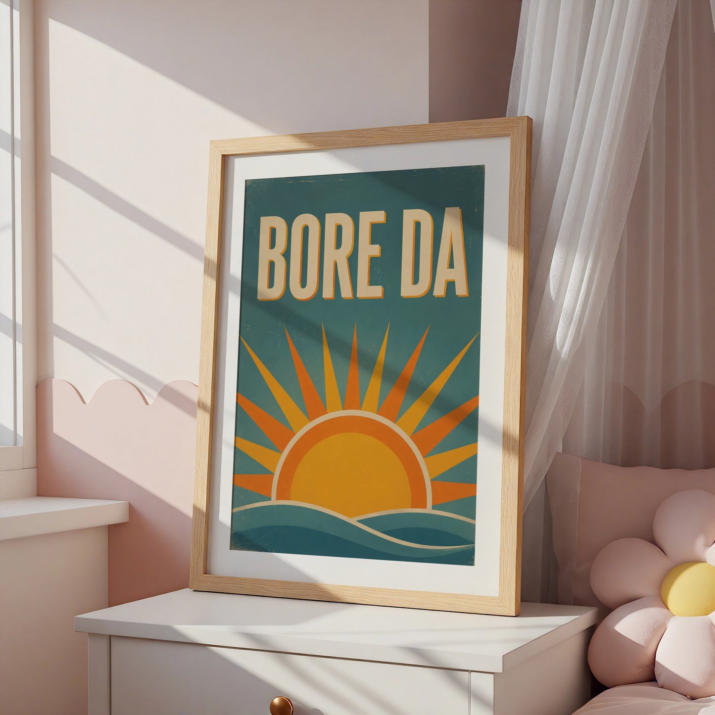 Bore Da Welsh Good Morning Poster, Wales Retro Sunrise Wall Art, Teal Orange Print
