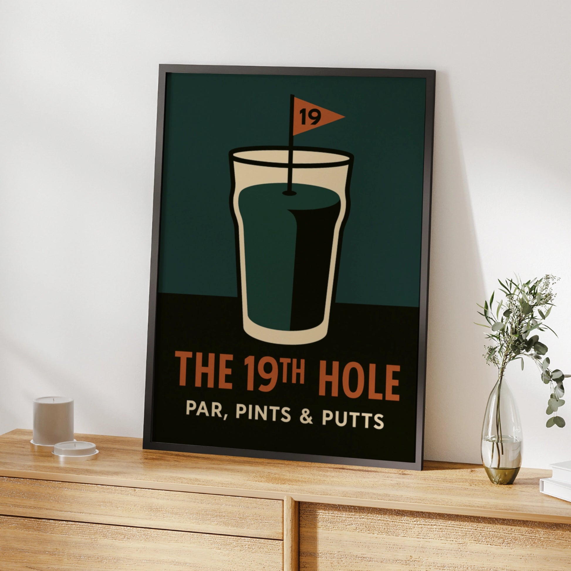 Retro 19th hole golf poster with a pint glass and flag on teal