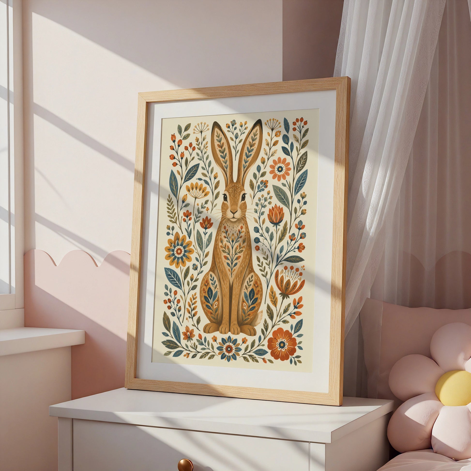 Folk Hare Poster, Floral Rabbit Wall Art, Botanical Folk Art Print, Wilderkind Nature Decor