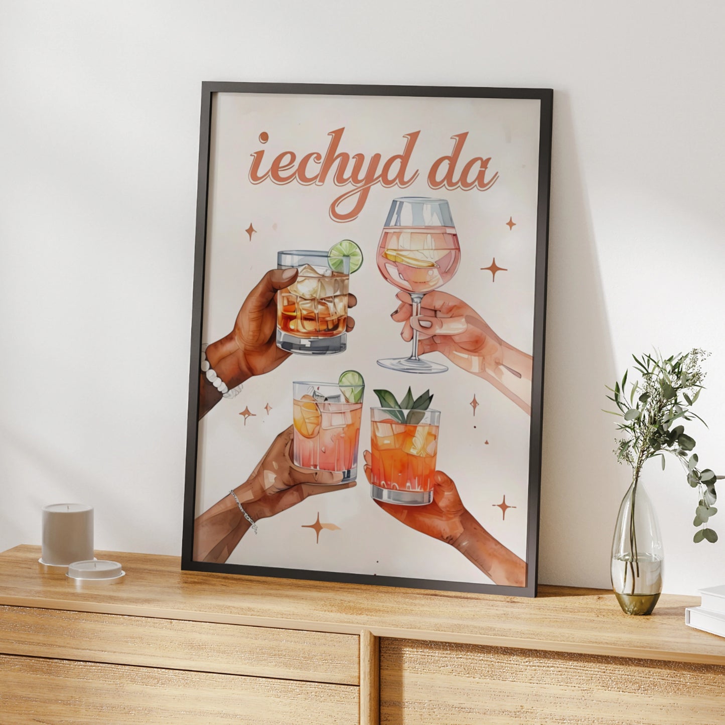 Iechyd Da Welsh Cheers Cocktail Poster, Wales Bar Wall Art, Drinks Print Gift