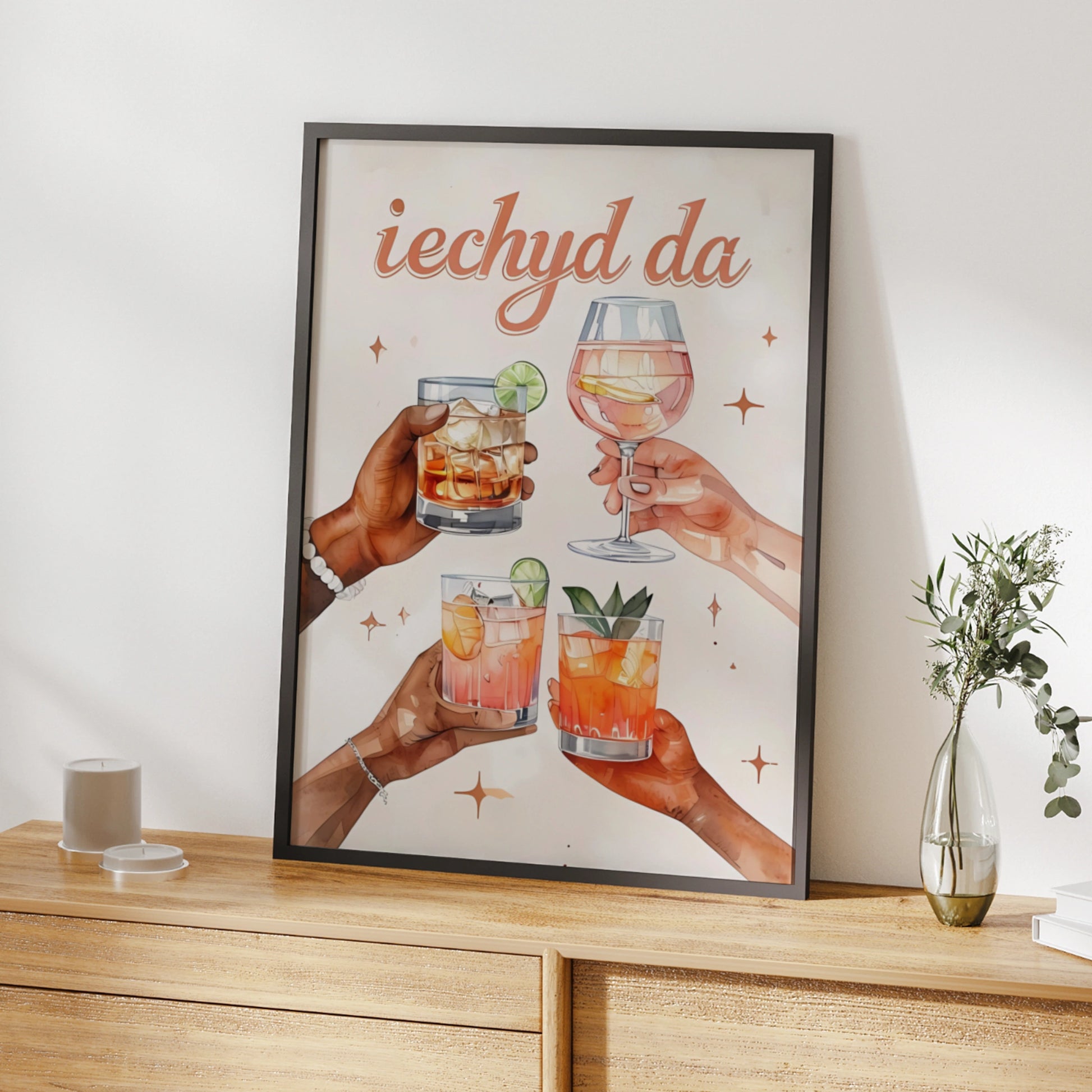 Iechyd Da Welsh Cheers Cocktail Poster, Wales Bar Wall Art, Drinks Print Gift