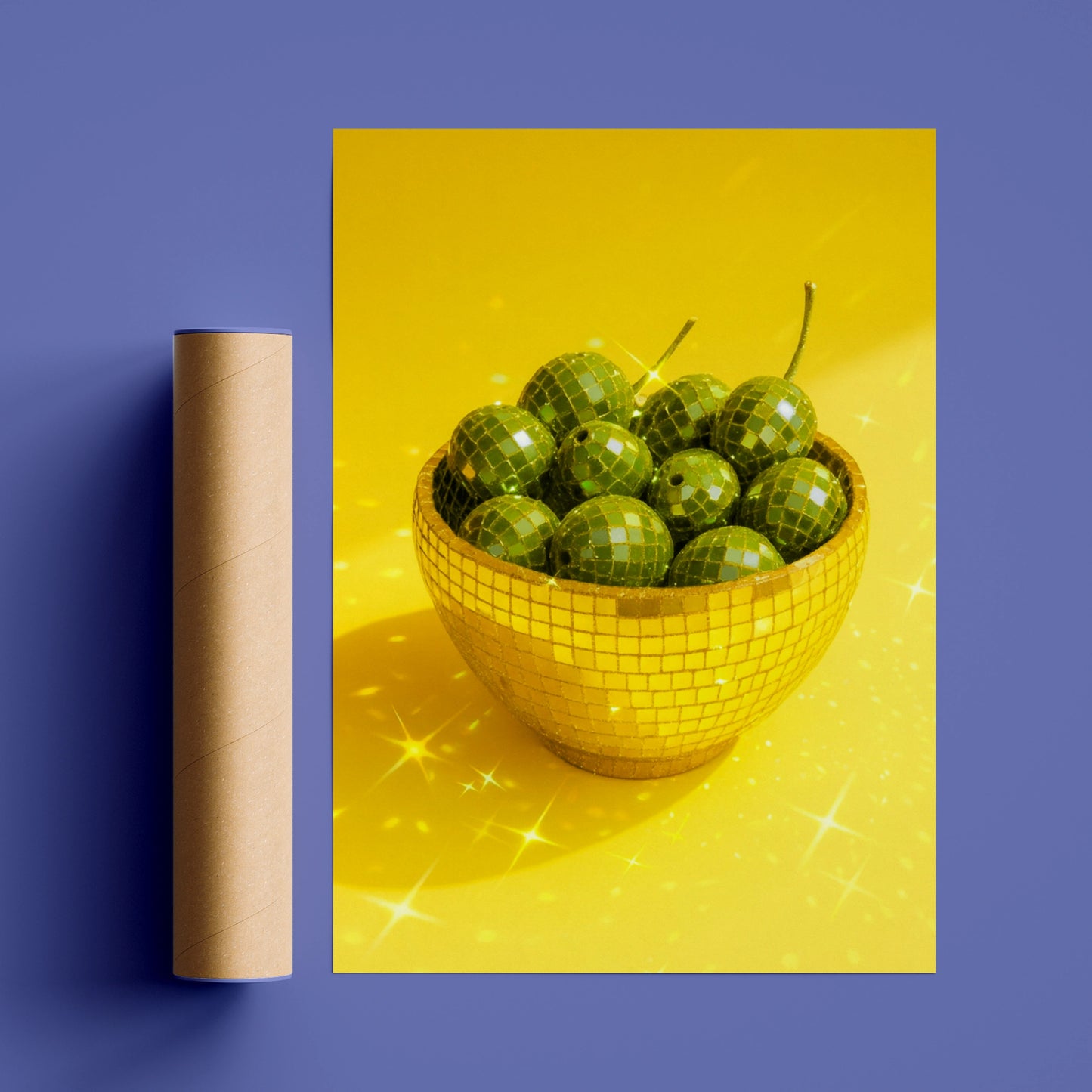 Gold disco mosaic bowl filled with green olives on a yellow background