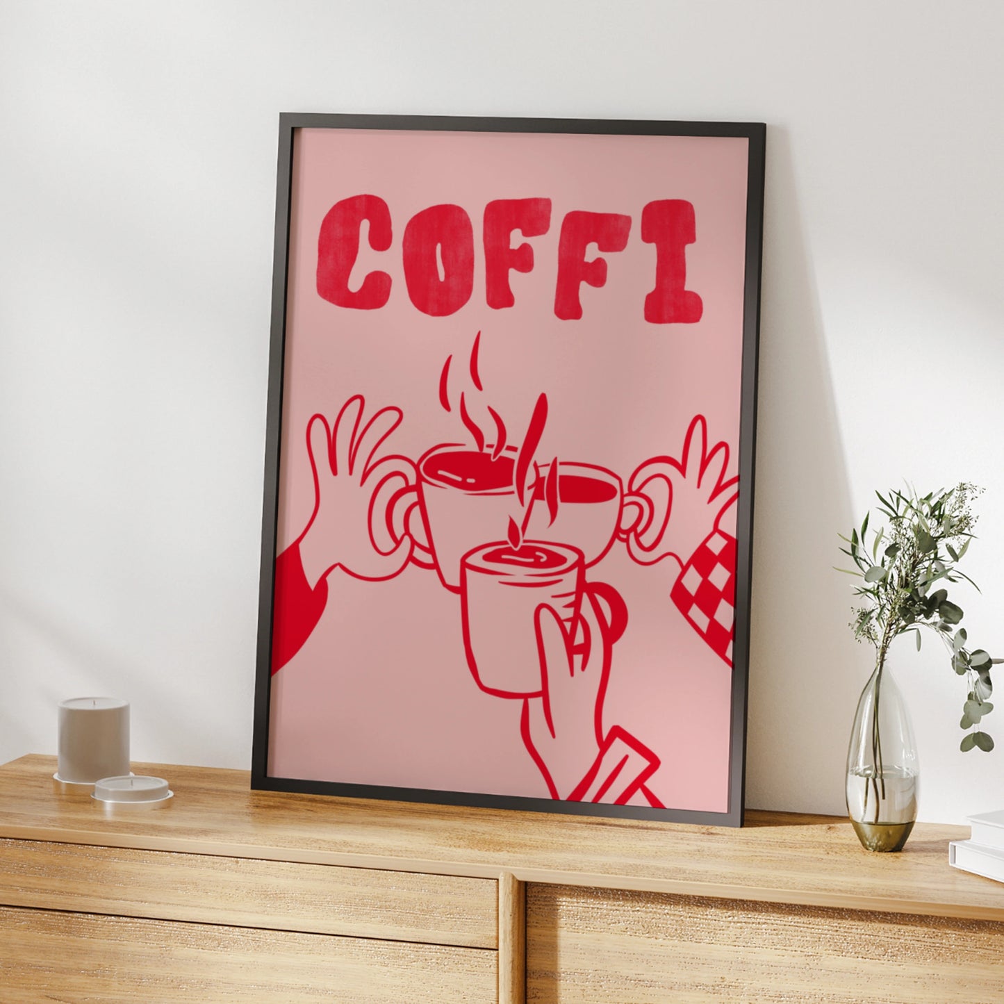 Coffi Welsh Coffee Poster, Wales Wall Art, Pink Red Kitchen Print, Cymraeg Gift