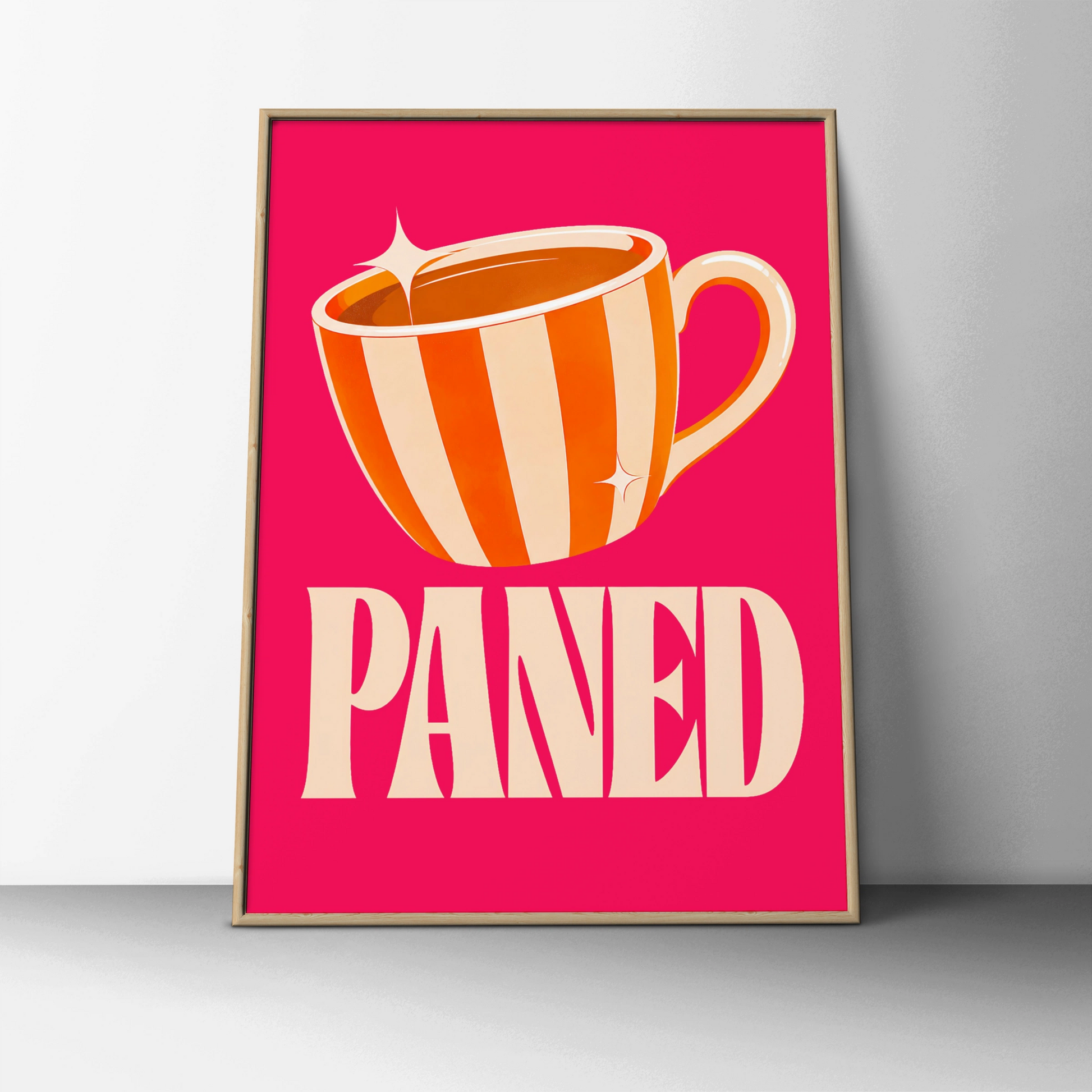 Paned Welsh Tea Cup Poster, Wales Wall Art, Retro Pink Orange Kitchen Print
