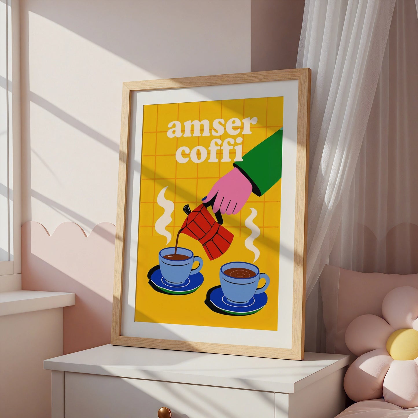 Amser Coffi Welsh Coffee Time Poster, Wales Wall Art, Bold Retro Kitchen Print
