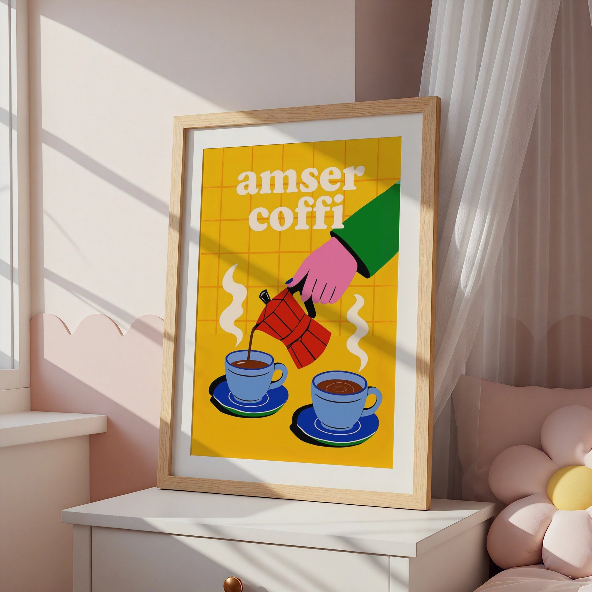 Amser Coffi Welsh Coffee Time Poster, Wales Wall Art, Bold Retro Kitchen Print