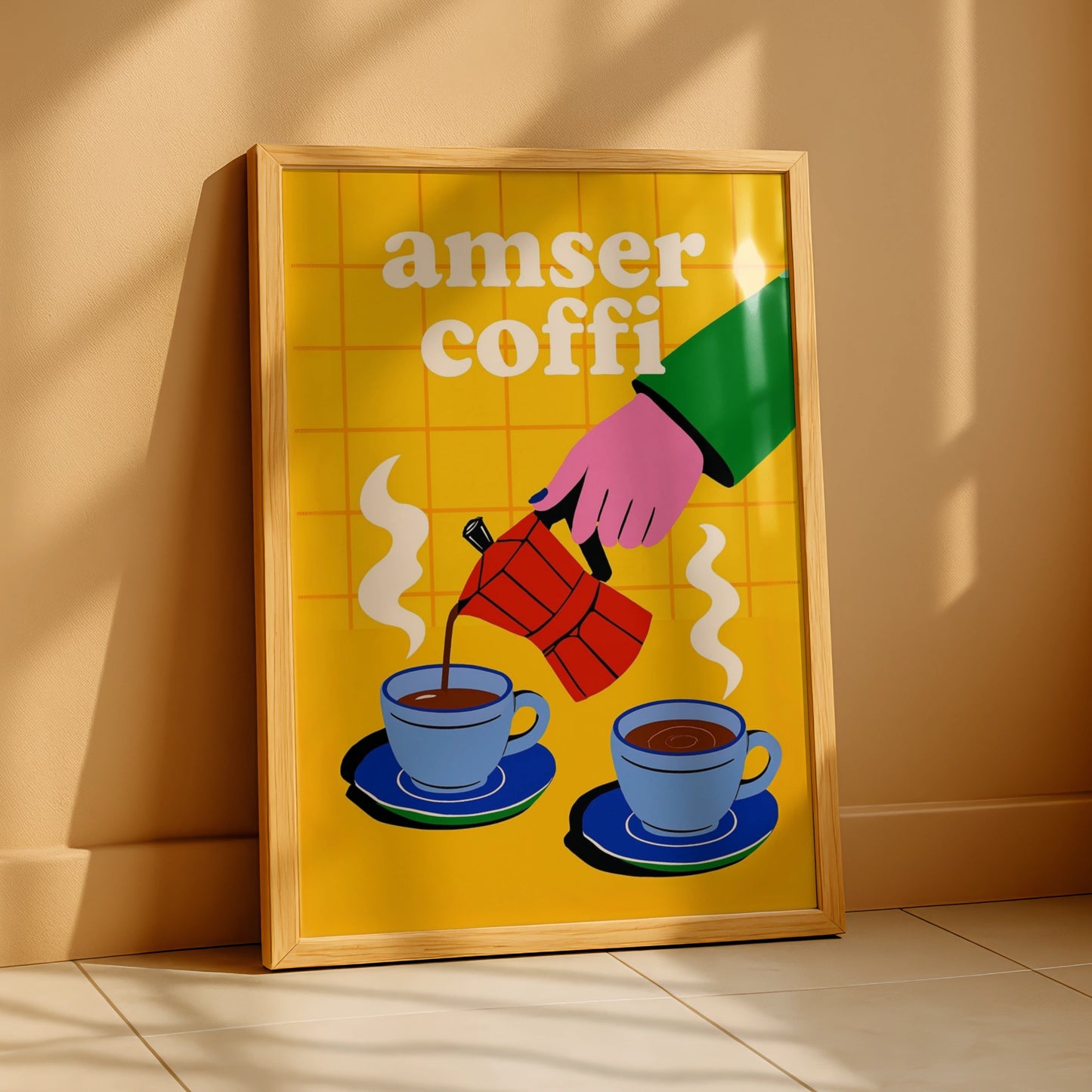 Amser Coffi Welsh Coffee Time Poster, Wales Wall Art, Bold Retro Kitchen Print