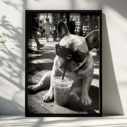 French Bulldog Coffee Poster, Frenchie Wall Art, Black White Dog Print, Funny Dog Lover Gift