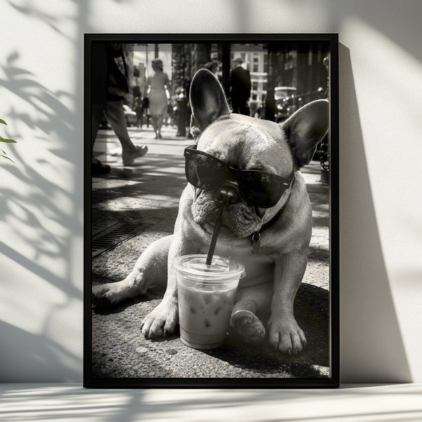 French Bulldog Coffee Poster, Frenchie Wall Art, Black White Dog Print, Funny Dog Lover Gift