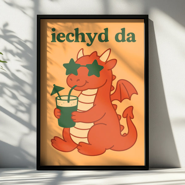 Iechyd Da Welsh Dragon Poster, Wales Wall Art, Funny Cheers Print, Red Dragon Gift