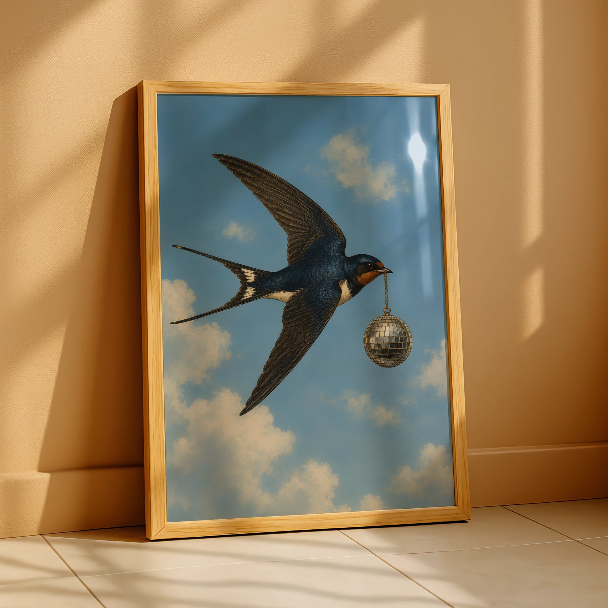 Illustrated swallow carrying a silver disco ball through a cloudy blue sky