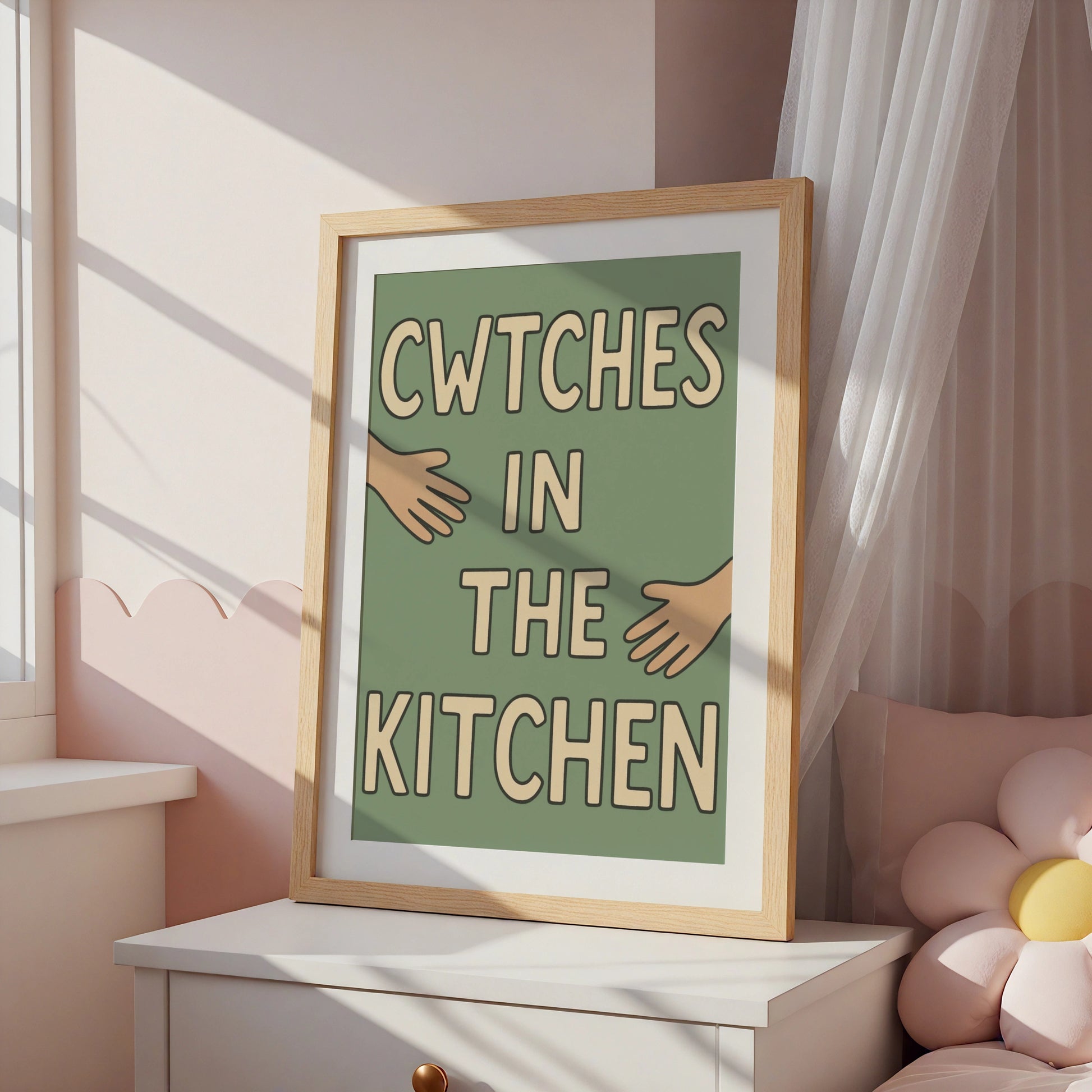 Cwtches in the Kitchen Welsh Print, Wales Wall Art, Sage Green Typography Poster
