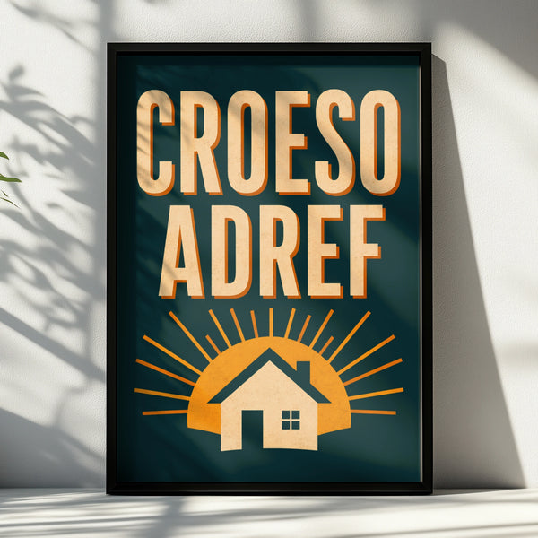 Croeso Adref Welsh Welcome Home Poster, Wales Retro Wall Art Print, Teal Gold