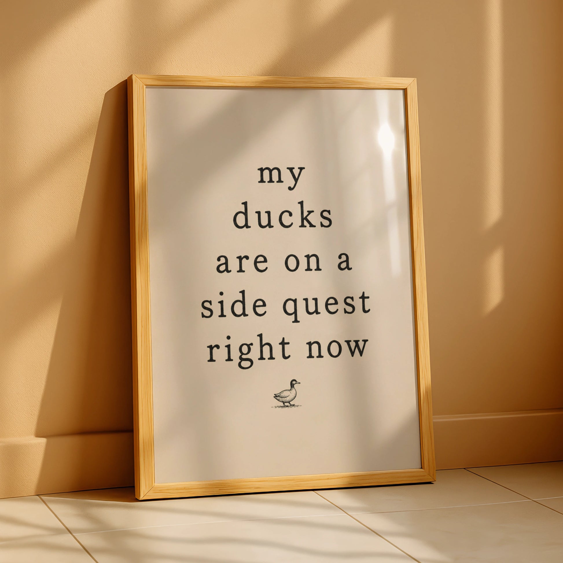 Funny side quest quote with a vintage duck illustration on a cream background