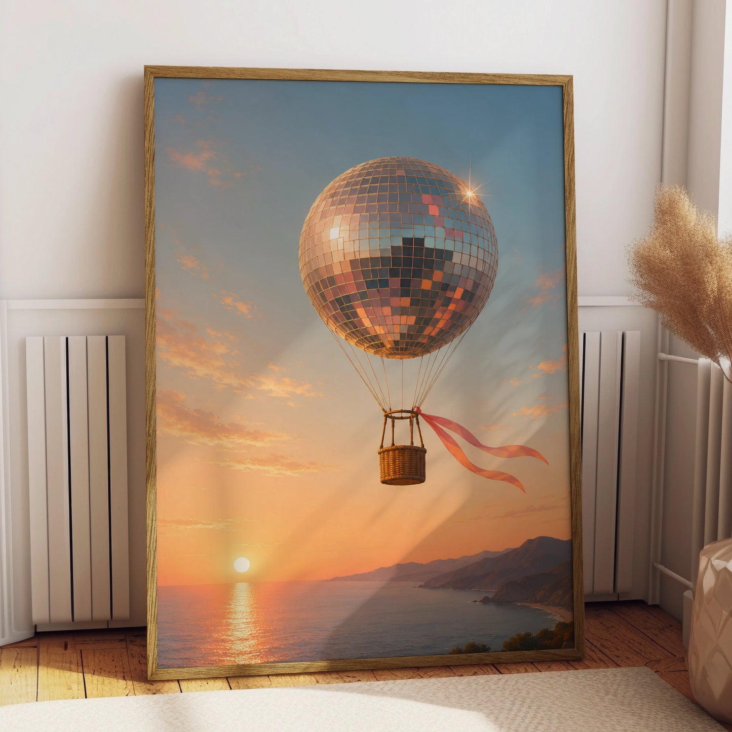 Disco ball hot-air balloon floating above a peach and pink coastal sunset