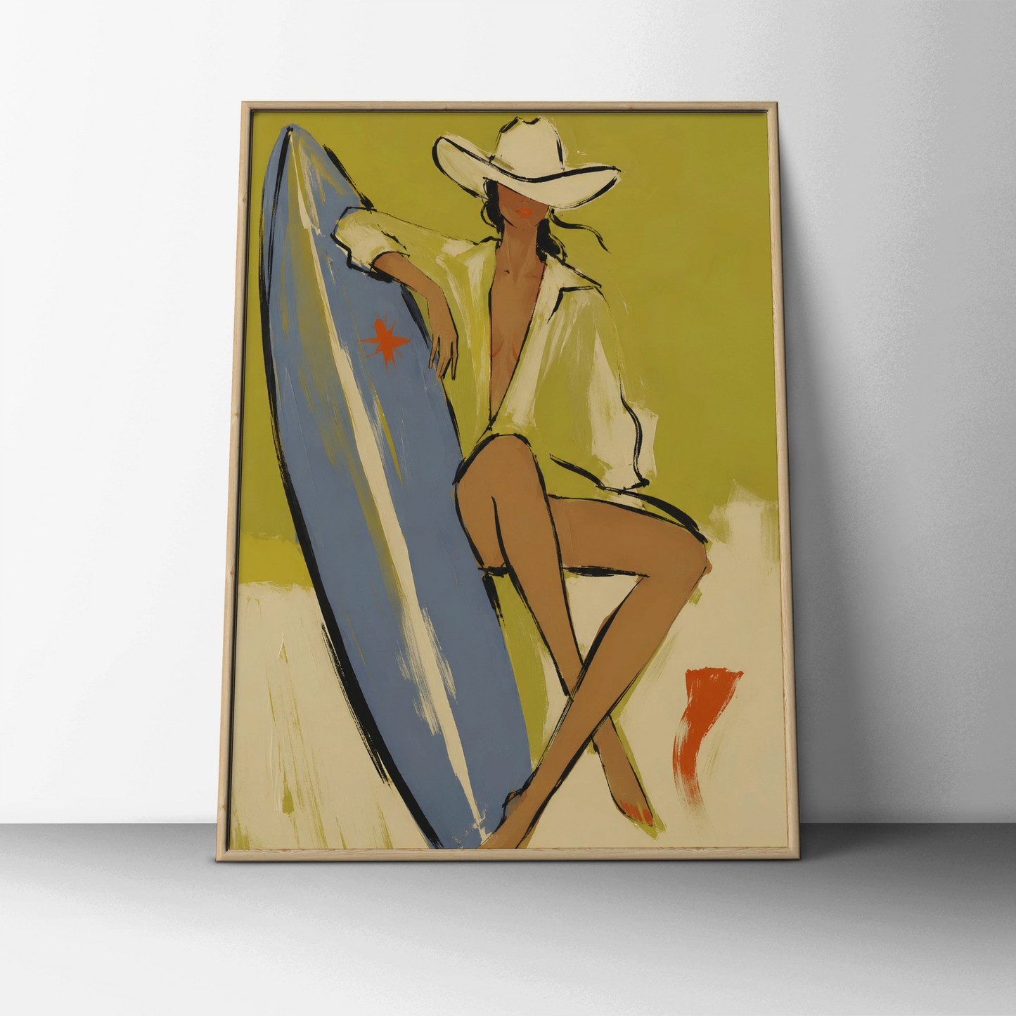 Cowgirl surfer poster with white cowboy hat, blue surfboard and olive-green background