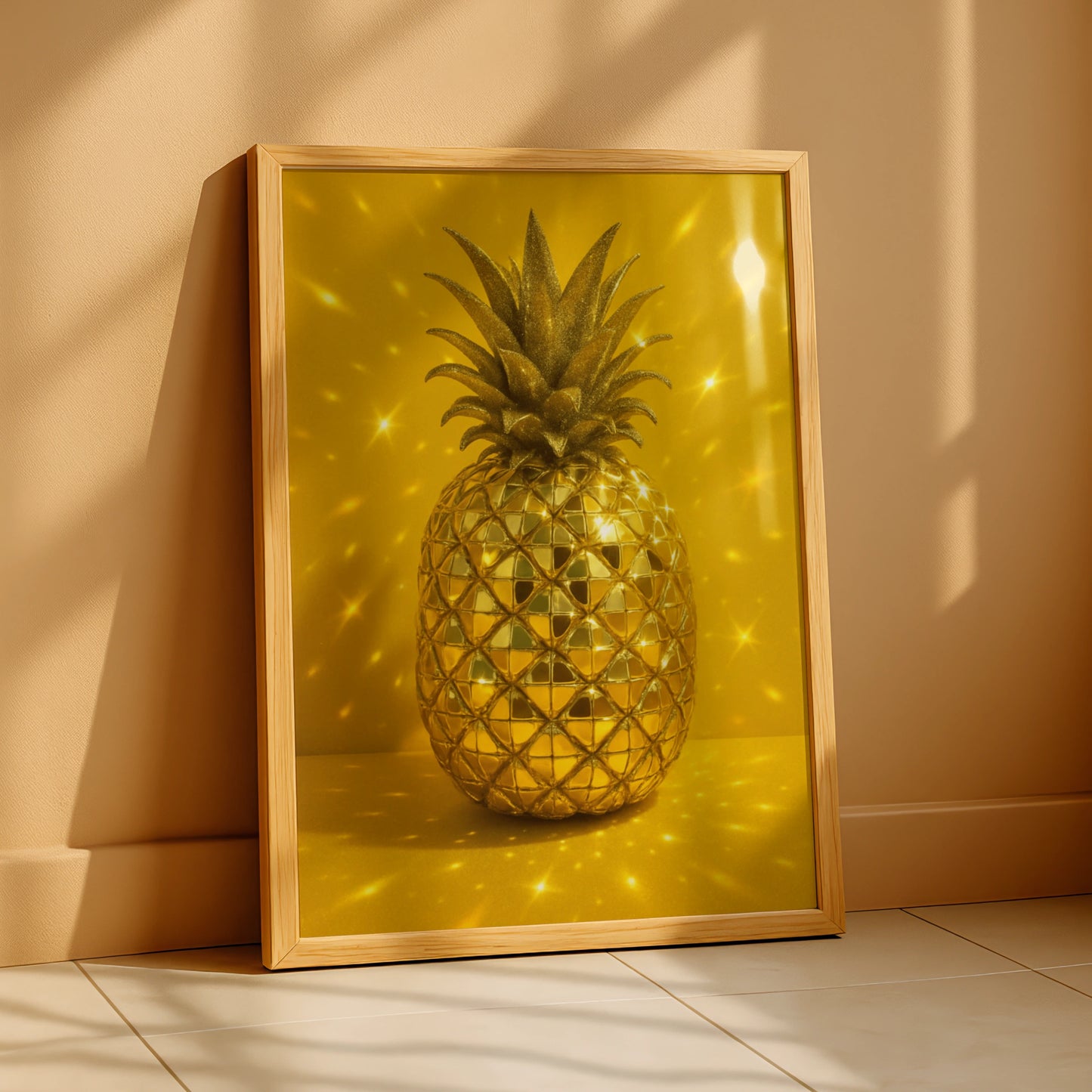 Golden disco ball pineapple with glittering leaves on a yellow background