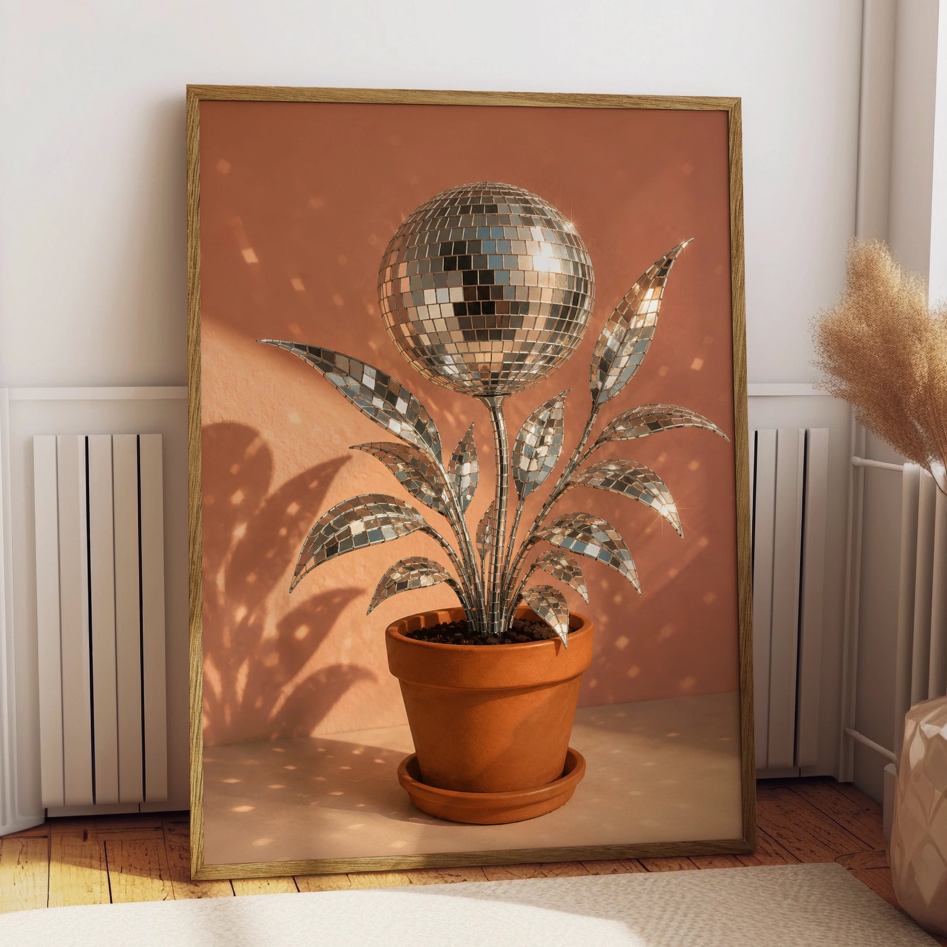 Silver disco ball plant in a terracotta pot against a warm pink background