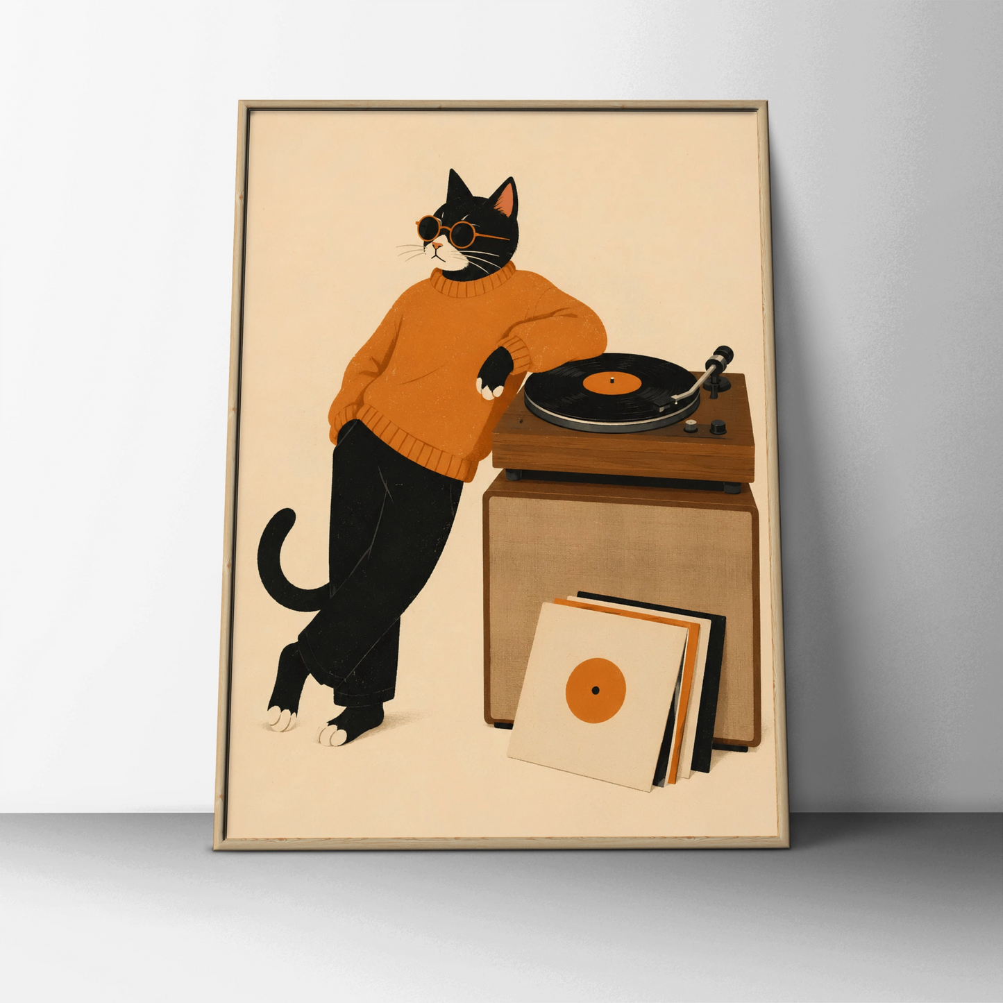 Cool Cat Vinyl Record Poster, Music Lover Wall Art, Retro Black Cat Print, Turntable Decor