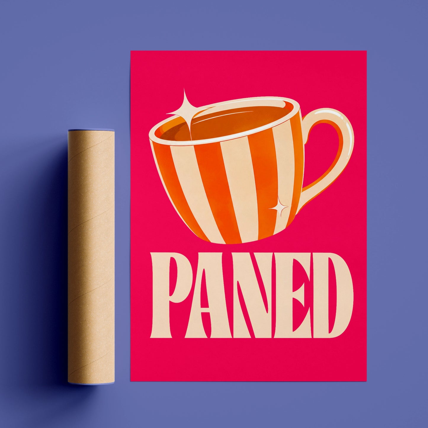 Paned Welsh Tea Cup Poster, Wales Wall Art, Retro Pink Orange Kitchen Print