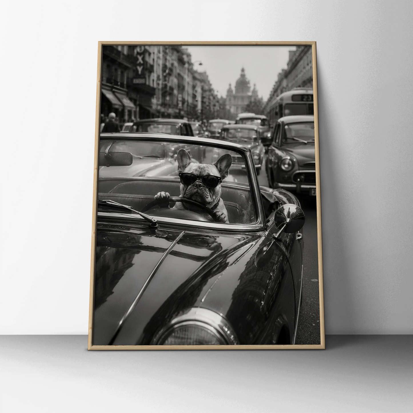French Bulldog Driving Classic Car Poster, Funny Dog Wall Art, Black and White Print