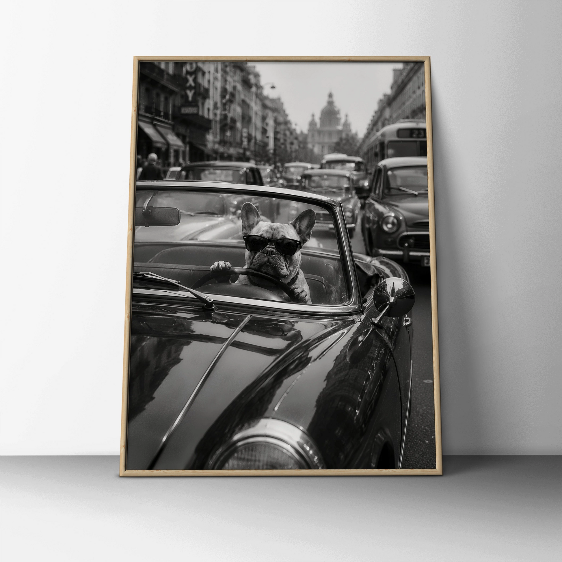 French Bulldog Driving Classic Car Poster, Funny Dog Wall Art, Black and White Print
