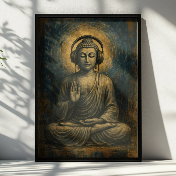 Buddha Headphones Poster, Meditation Wall Art, Spiritual Music Print, Blue Gold Decor