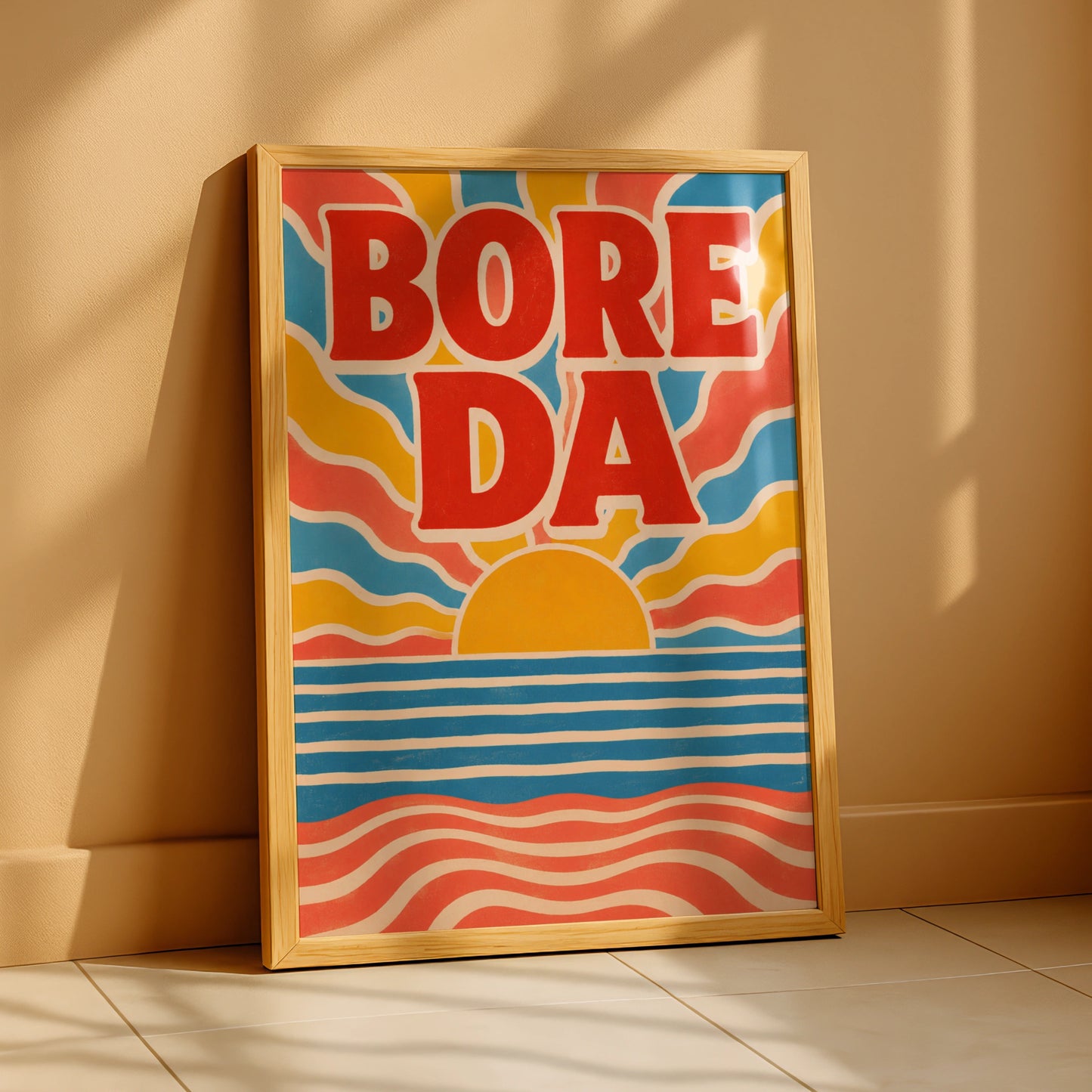 Bore Da Welsh Good Morning Poster, Wales Retro Sunrise Wall Art, Bright Colourful Print