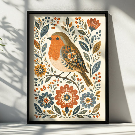 Folk Robin Poster, Floral Bird Wall Art, Scandinavian Style Print, Nature Home Decor