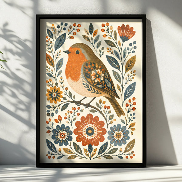 Folk Robin Poster, Floral Bird Wall Art, Scandinavian Style Print, Nature Home Decor