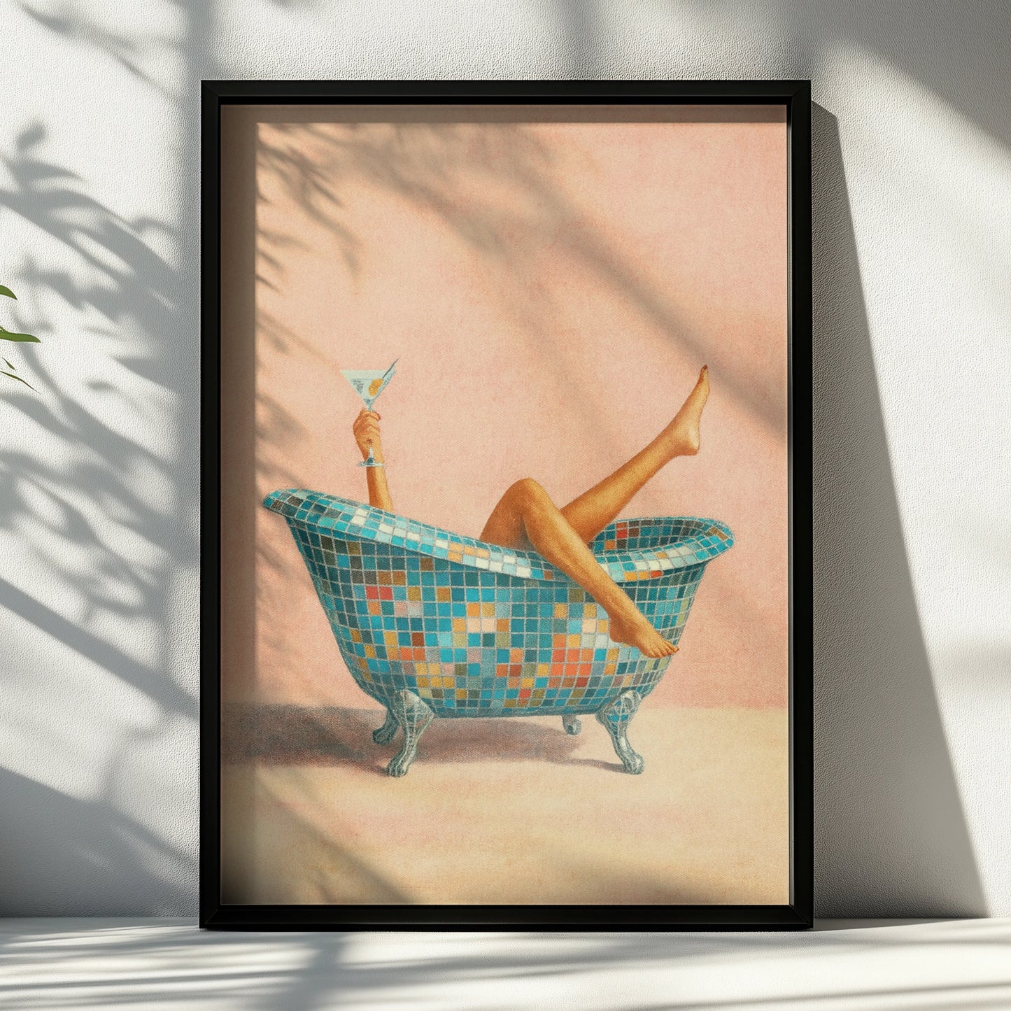 Retro disco bath poster with mosaic clawfoot tub, raised martini and pink background
