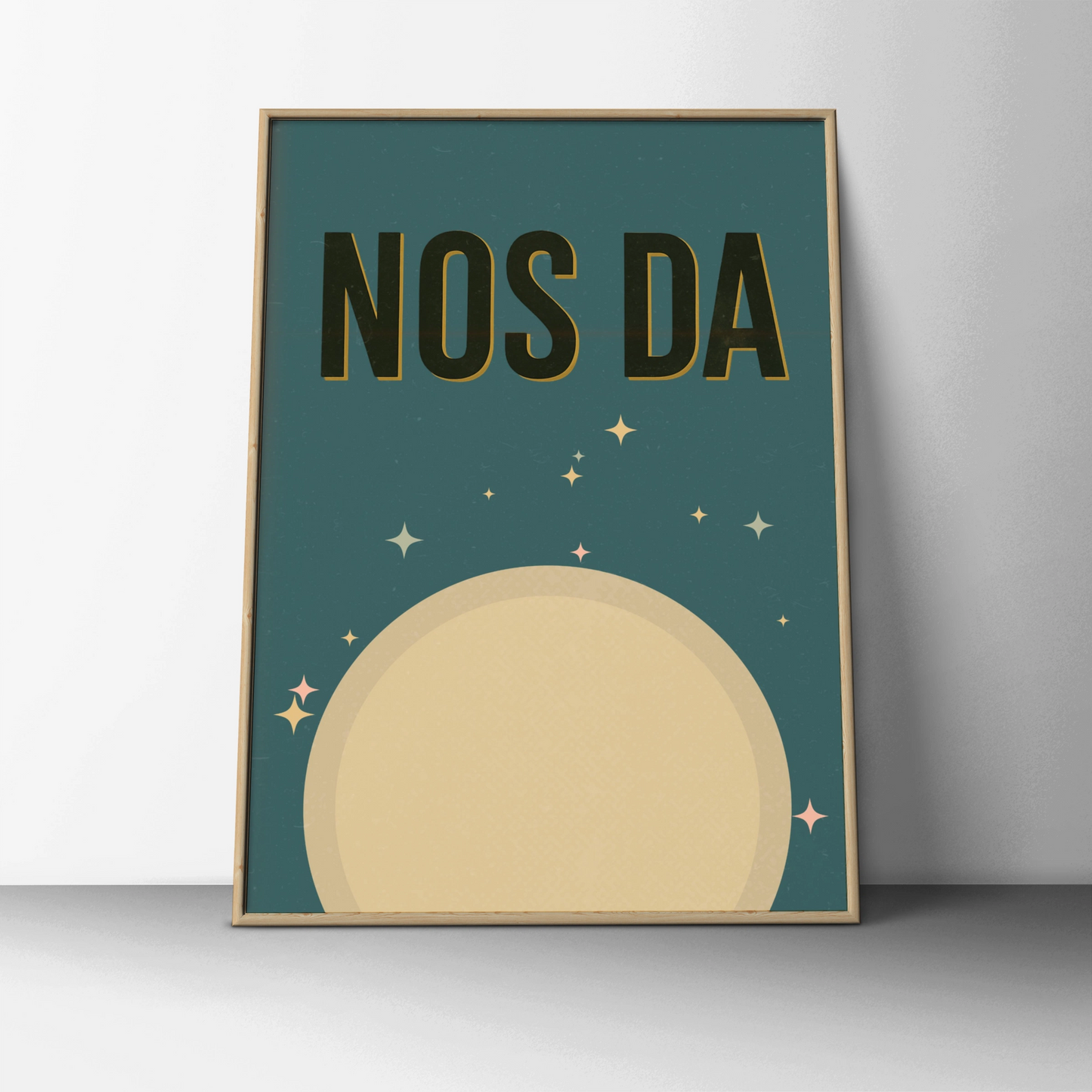 Nos Da Welsh Goodnight Poster, Wales Moon Print, Retro Teal Nursery Wall Art