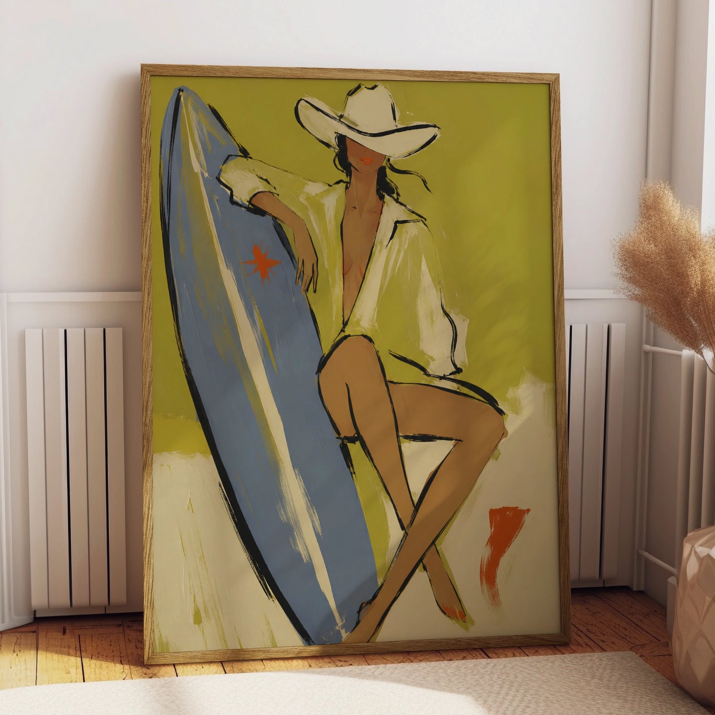 Cowgirl surfer poster with white cowboy hat, blue surfboard and olive-green background