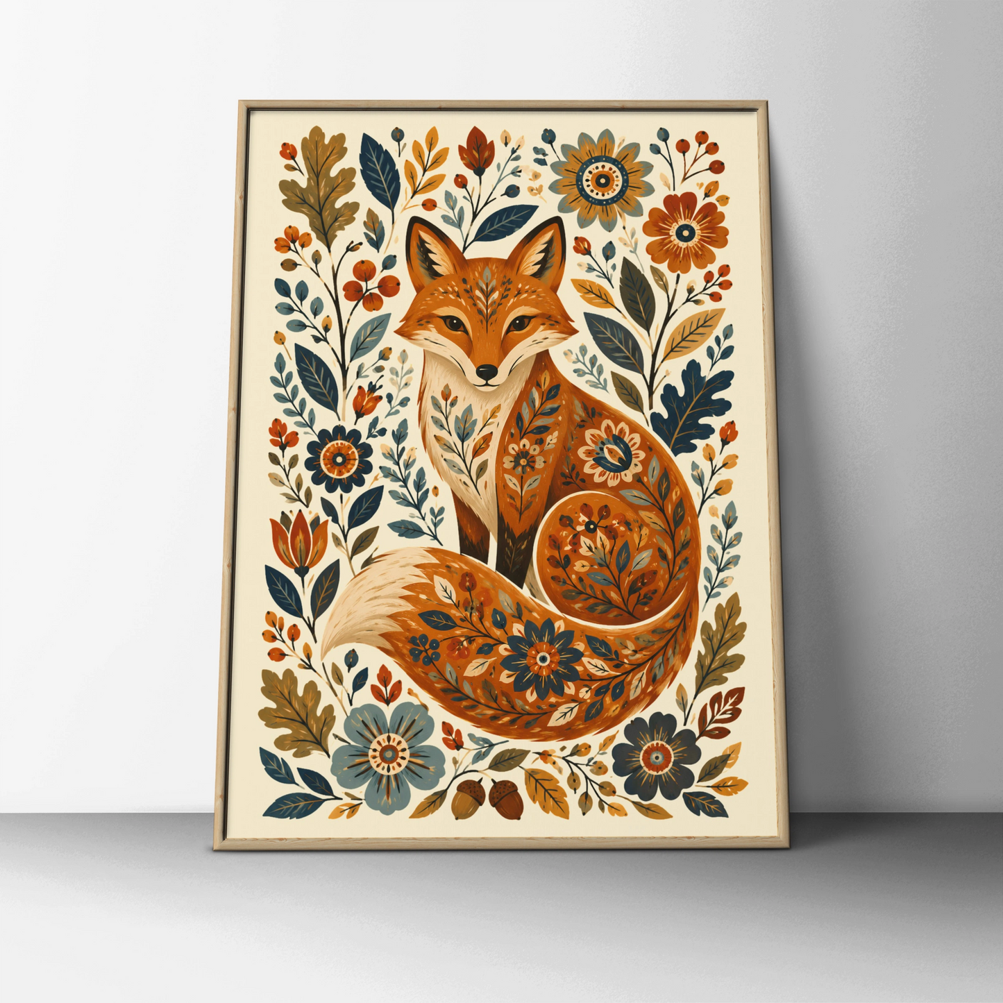 Folk Fox Poster, Floral Fox Wall Art Print, Botanical Wildlife Nursery Decor, Wilderkind