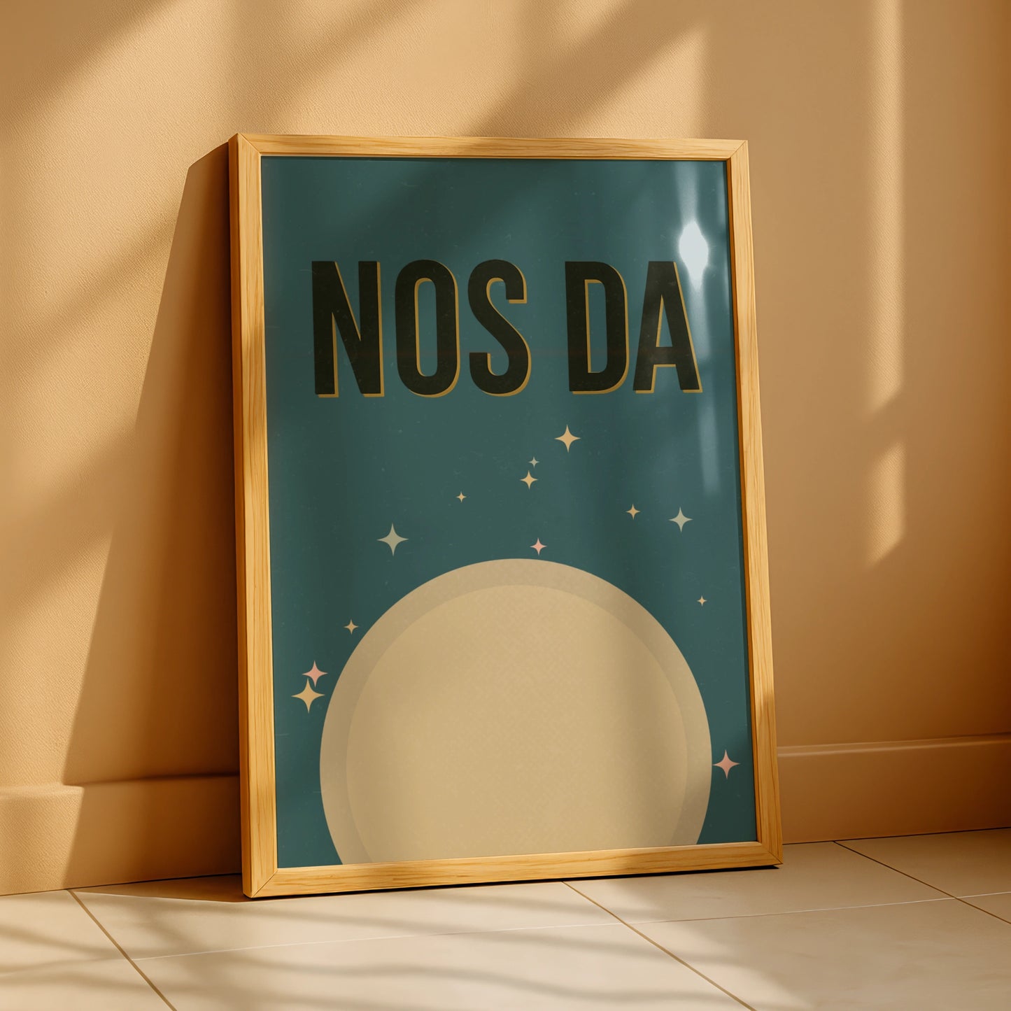 Nos Da Welsh Goodnight Poster, Wales Moon Print, Retro Teal Nursery Wall Art