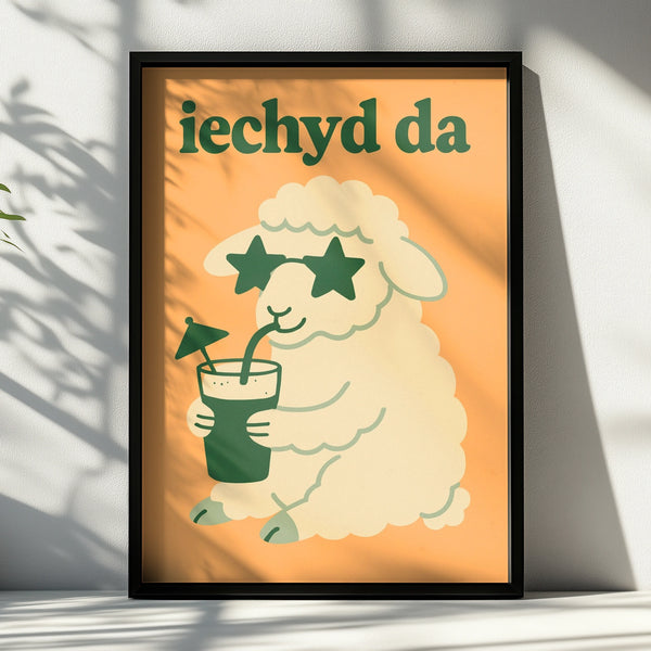 Iechyd Da Welsh Sheep Poster, Wales Wall Art, Funny Cheers Print, Orange Green