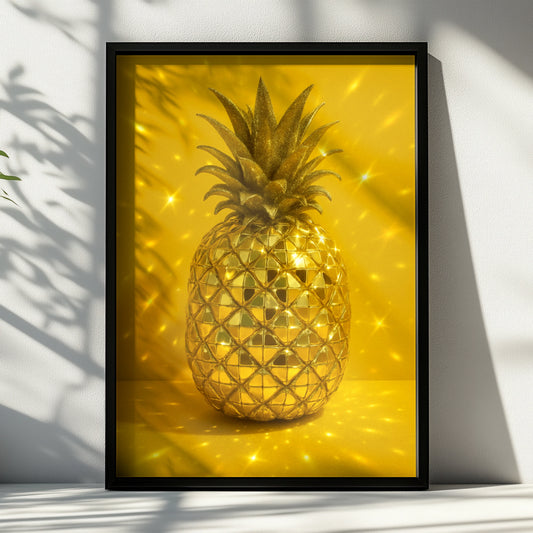 Golden disco ball pineapple with glittering leaves on a yellow background