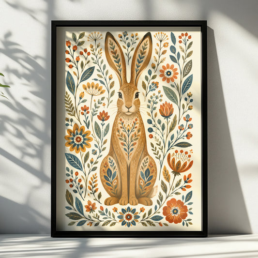 Folk Hare Poster, Floral Rabbit Wall Art, Botanical Folk Art Print, Wilderkind Nature Decor