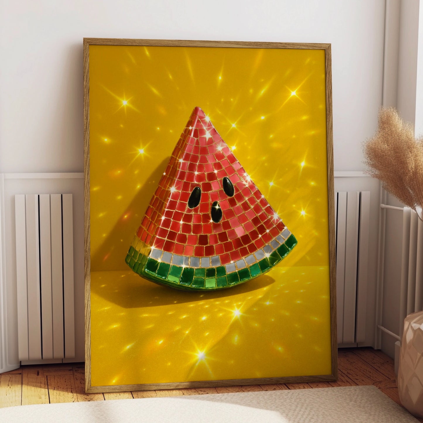 Disco ball watermelon slice on a bright yellow background with sparkles