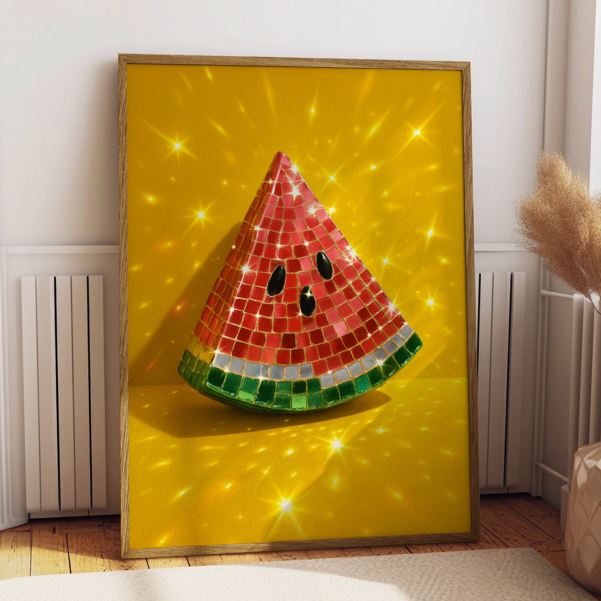 Disco ball watermelon slice on a bright yellow background with sparkles
