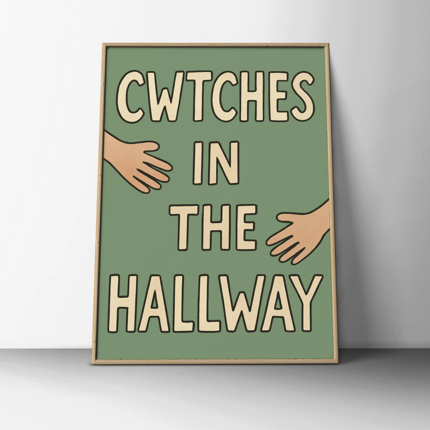 Cwtches In The Hallway Welsh Slang Poster, Wales Wall Art, Sage Green Hug Print