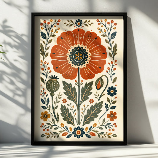 Folk Poppy Poster, Floral Wall Art, Botanical Print, Scandi Folk Art, Red Poppy Decor