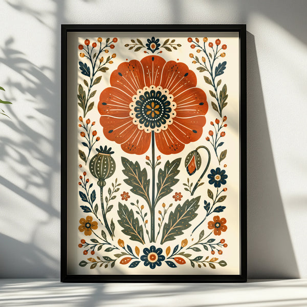 Folk Poppy Poster, Floral Wall Art, Botanical Print, Scandi Folk Art, Red Poppy Decor