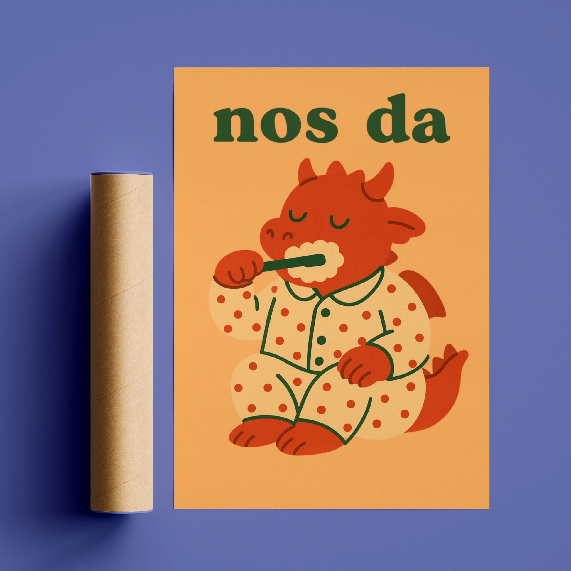 Nos Da Welsh Dragon Poster, Wales Kids Bedroom Wall Art, Cute Goodnight Print