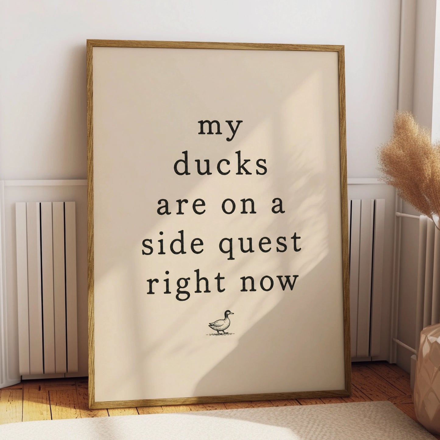 Funny side quest quote with a vintage duck illustration on a cream background