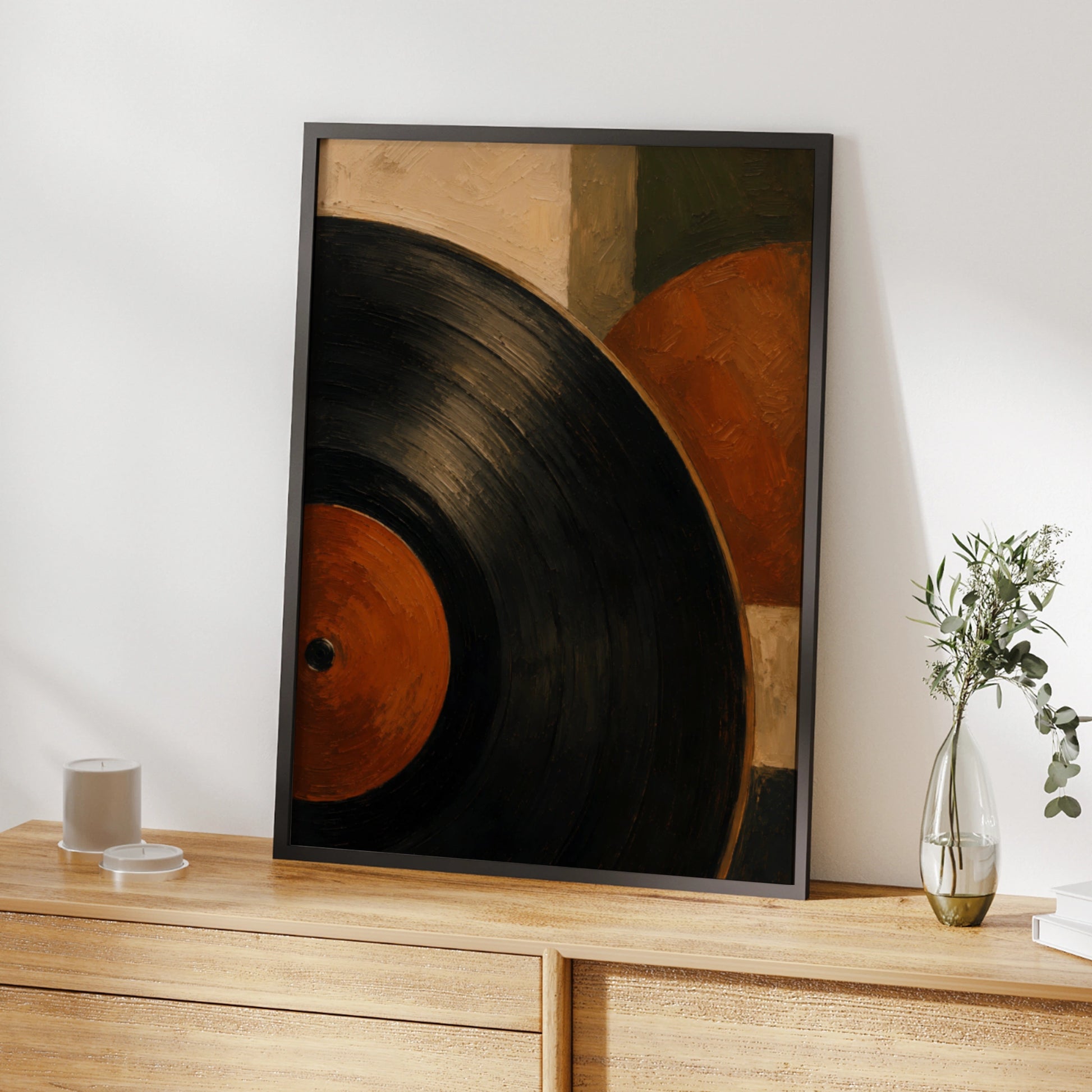 Vinyl Record Abstract Art Print, Retro Music Poster, Burnt Orange Earthy Tones Wall Art