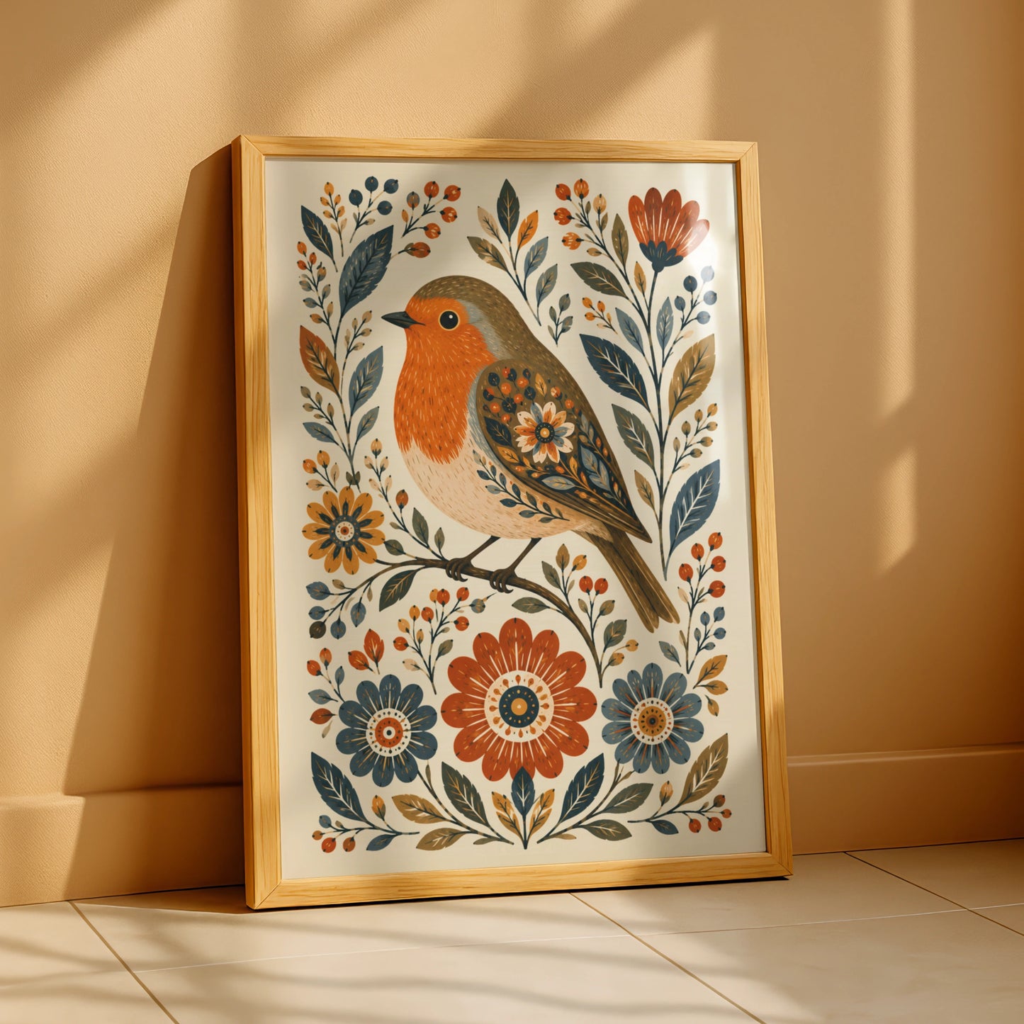Folk Robin Poster, Floral Bird Wall Art, Scandinavian Style Print, Nature Home Decor