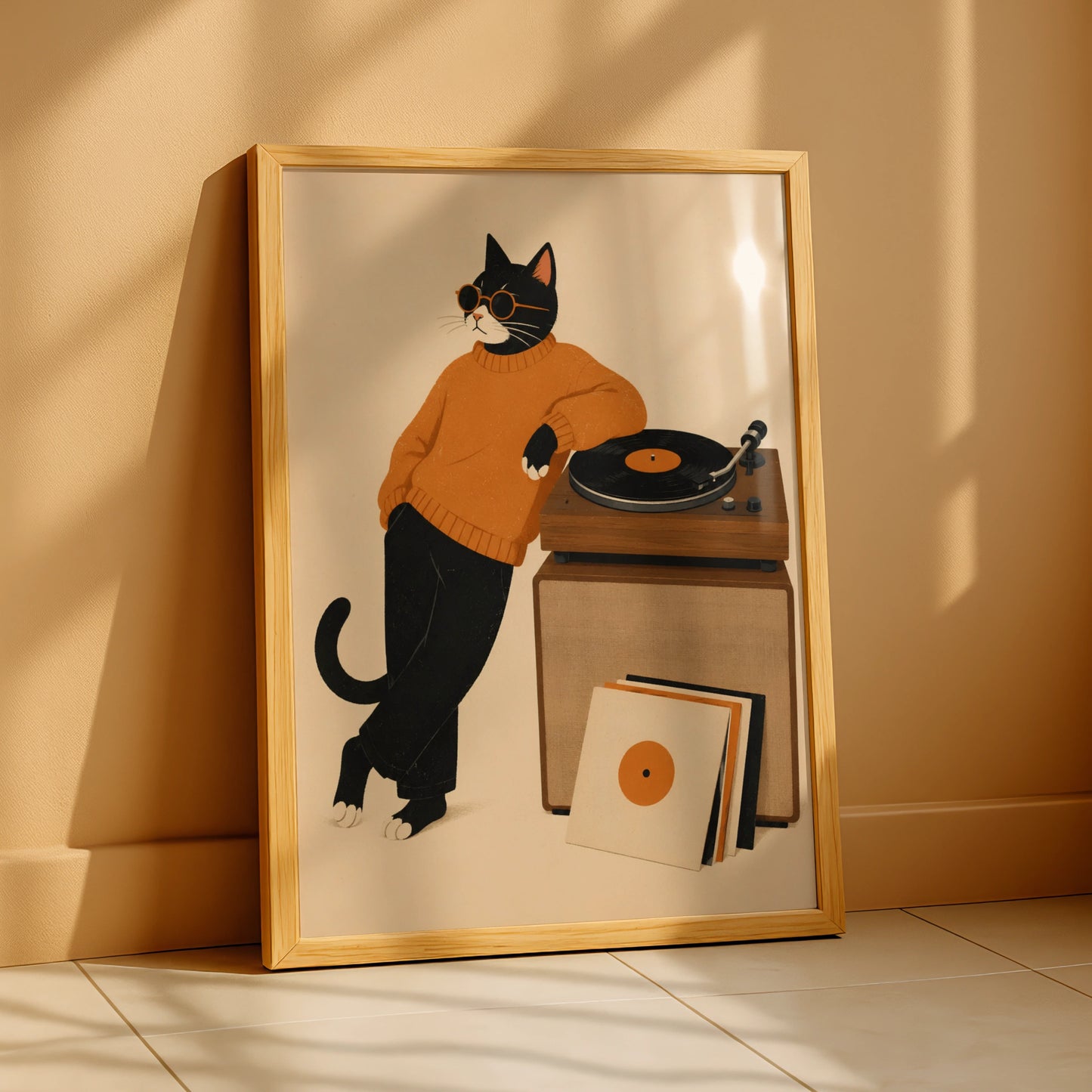 Cool Cat Vinyl Record Poster, Music Lover Wall Art, Retro Black Cat Print, Turntable Decor